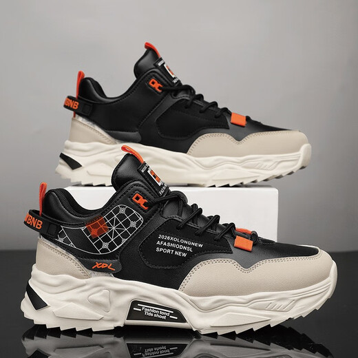 Mountain Flower Creek [optional with velvet] Men's shoes, autumn and winter new cotton shoes, sports and casual running thick soles, versatile dad's trendy shoes, black orange [upgraded version]-2601 39