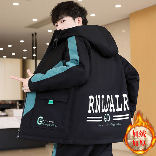 Buxi Kaiden College Student Plus Fleece Jacket Men Thickened Jacket Men Spring and Autumn and Winter Teen Handsome 2024 New Fashion Men's Clothing [Set] 6692 Black Gray + Pants Plus Fleece Thickened 2XL 135-150Jin [Jin equals 0.5 kg]