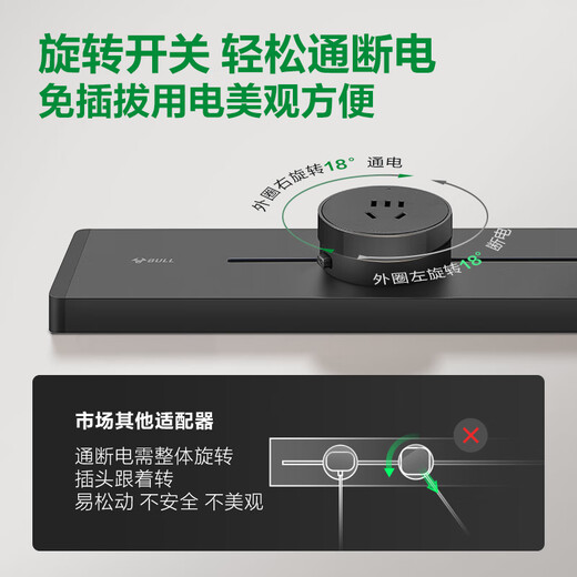 Bull (BULL) track socket surface-mounted wall socket wall-mounted power strip wiring board multi-function punch-free 8000W Yuexiang style surface-mounted 100cm + 5 adapters Moyun gray