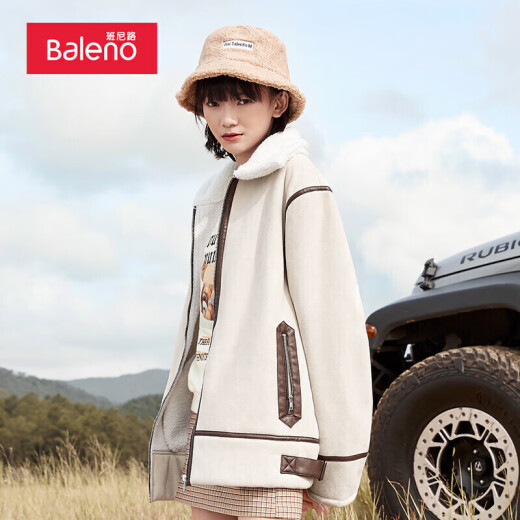 Baleno coat reverse velvet jacket for women Korean style warm lapel casual zipper jacket 05K off-white L