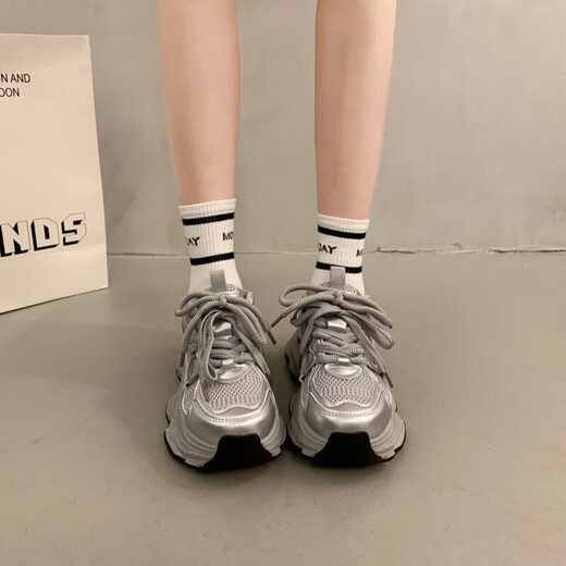 巴黎欧货复古老爹鞋女新款ins厚底增高小个子运动女鞋网面鞋子女 银色 36