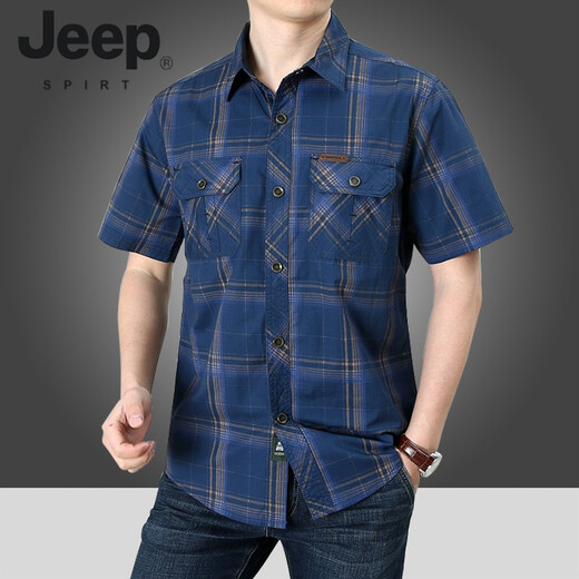 JEEP SPIRIT夏季短袖衬衫男纯棉宽松大码装格子双口袋工装上衣SPIRIT 5009-卡其 5XL