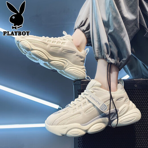 花花公子（PLAYBOY）老爹鞋男鞋2025夏季鞋子男士休闲鞋男厚底增高透气运动鞋 米色 41