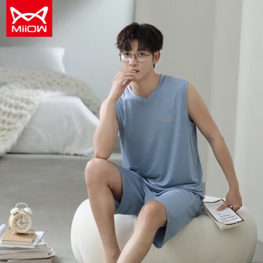Catman MIIOW vest pajamas men's modal spring and summer round neck sleeveless shorts home clothes loose plus size set two-piece set NJR-12026 [Men's suit] L [Suggested 100-140Jin [Jin equals 0.5 kg]]