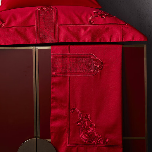 Leeland Home Textile haut de gamme des années 100 NOUVELLE broderie chinoise Dahong Liber de mariage en quatre parties Multi-pièces de litière de mariage Jinxiu Hongzhuang Four pièce de lit 1,8 / 2,0 mètres adapté à (220 * 240 cm de courtepointe)