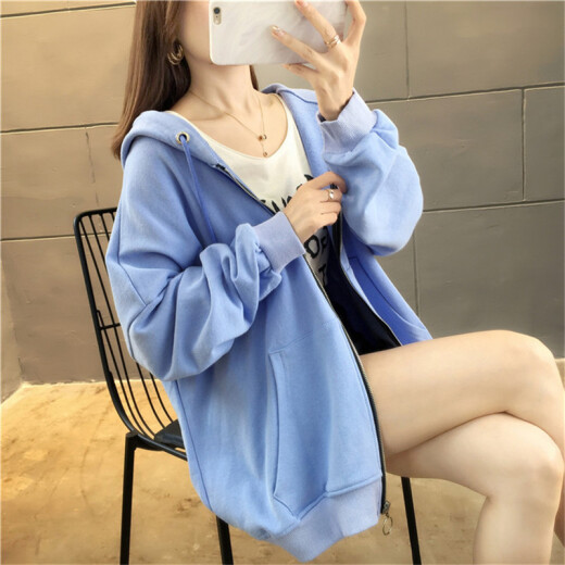 Langyue women's autumn T-shirt solid color hooded sweatshirt jacket for women Korean style loose student sports casual top trendy LWWY201188 blue M