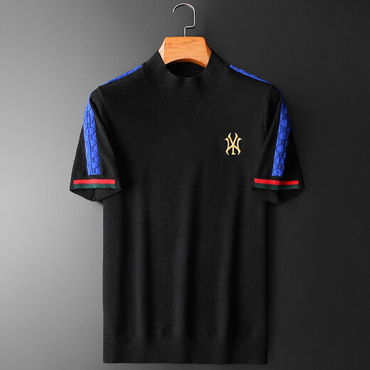 Mr. Guan short-sleeved sweater for men with half-high neck embroidered short-sleeved sweater for autumn and winter thickened half-sleeved sweater for men with middle-neck base shirt 9195 black L/175/50