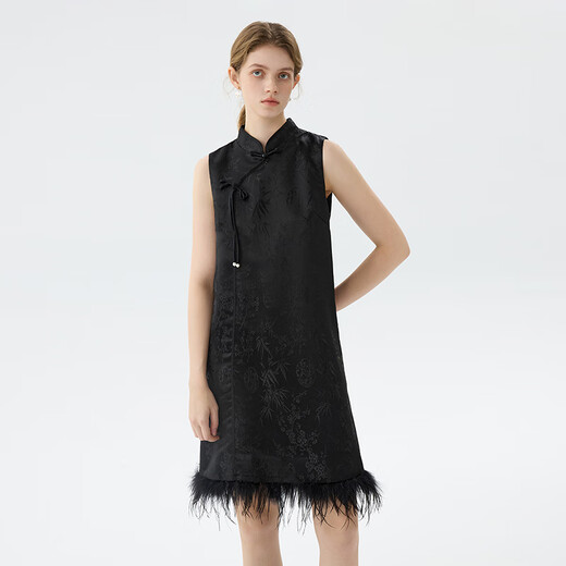 Fan Silan New China-style modified cheongsam dress for women's winter new year stand-up collar button feather A-line skirt 14697 black S
