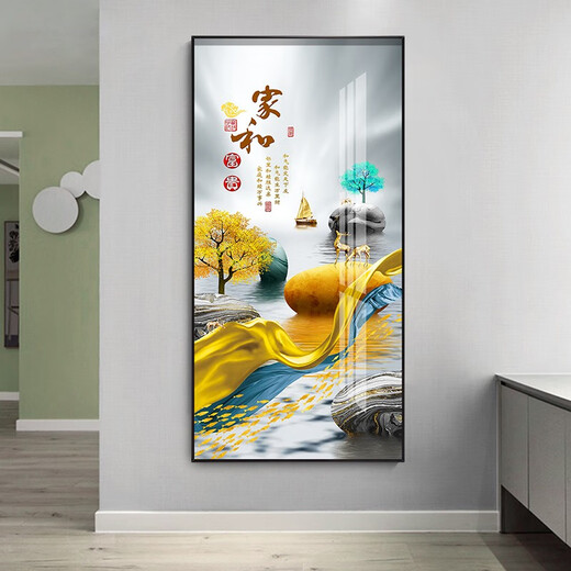 牧邻玄关装饰画新中式轻奢现代简约背景墙壁挂画免打孔走廊过道镶钻画 12243福鹿呈祥 晶瓷70*140黑框 墙宽101-120