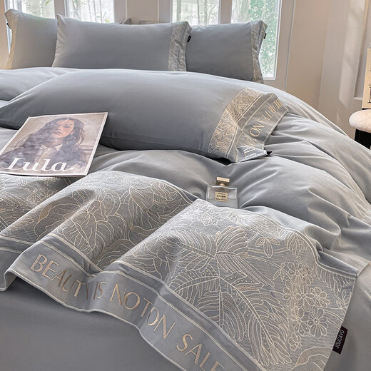 Mercury Series Autumn and Winter Class A 100 Count High Precision Cotton Sanding Four-piece Set Light Luxury Thickened Warm Pure Cotton Quilt Cover Bedding Class A Maternal and Infant Grade Heavy Industry Embroidery Admiration - Night Gray 1.8 Sheet Style Four-piece Set - Quilt Cover 200x230