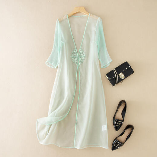 Pier Cardin Chinese style 7-quarter sleeve chiffon shirt for women mid-length cardigan shawl retro exterior with embroidered thin cheongsam jacket blue 6191 M 90-115Jin [Jin equals 0.5 kg]