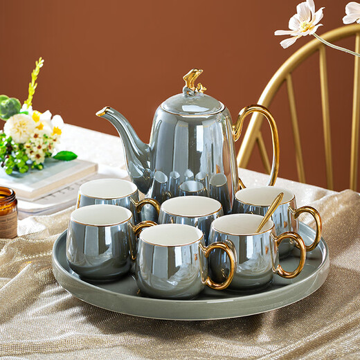 Huangtong Jingdezhen light luxury tea set ceramic cup set water cup complete set of water set household Nordic style high-end gift Aegean Sea Galaxy Gray 8-piece set gift box