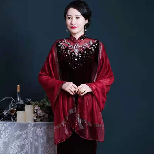 抖芊 旗袍披肩桑蚕丝围巾女春秋时尚洋气网红喜庆妈妈长款旗袍高 大红钉珠