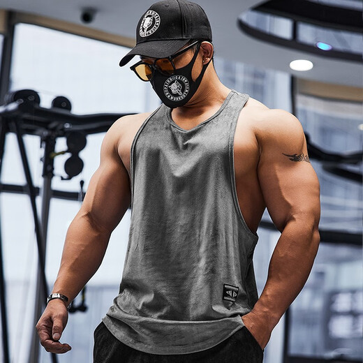 Lutielang professional fitness clothes loose quick-drying sleeveless blouse muscle training racer vest running sports men cement gray M