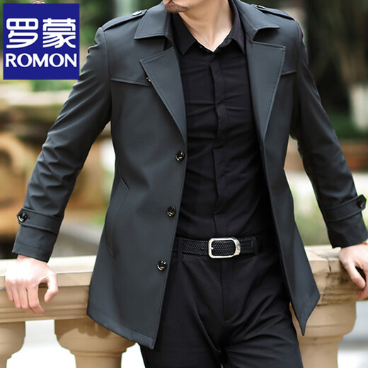 ROMON windbreaker for young and middle-aged men, spring and autumn business casual dad wear, fashionable and handsome lapel mid-length coat for men, navy blue XL 180