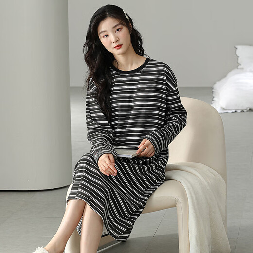 熊司令2024年新款睡裙女春秋纯棉感秋冬季睡衣可外穿条纹家居服 w9763长袖睡裙 M  70-90斤