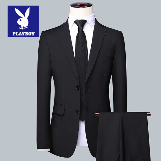 Playboy Suit Men's Business Professional Formal Wear Small Suit Men's Wedding Groom Work Spring Autumn Slim Jacket Men's Double Button Black (Suit + Pants) XL (175)