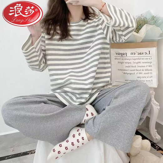 
LangSha (LangSha) Spring and Autumn Soft and Comfortable Women's Pajamas Long Sleeve Trousers Cotton Can be worn on the outside round neck casual home clothing set XB9922 M Women