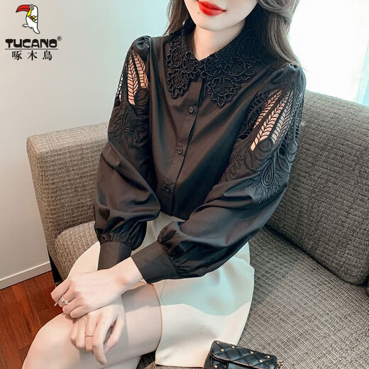Woodpecker embroidered cotton shirt for women in spring 2024 new fashionable embroidered age-reducing shirt loose and versatile long-sleeved top CY9227 White M [Suggested 96-110Jin [Jin equals 0.5 kg]]