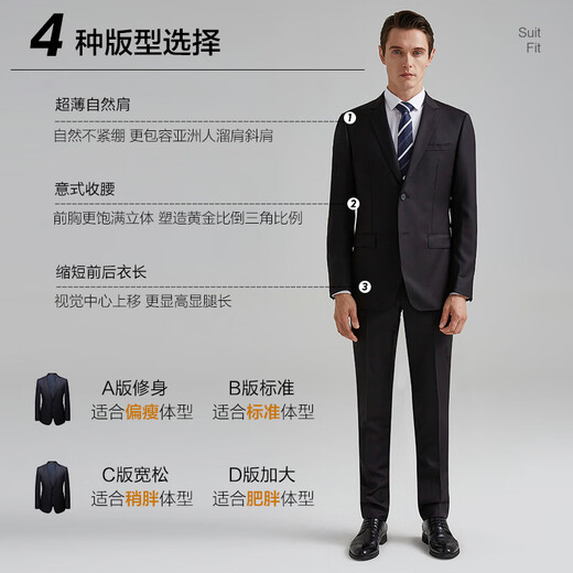 BAROMON 96.1% Wool Suit Men's Business Suit Men's Complete Set Men's Business Light Formal Wear Groom Wedding Navy Blue 175C (Please note or leave a message for pants size)