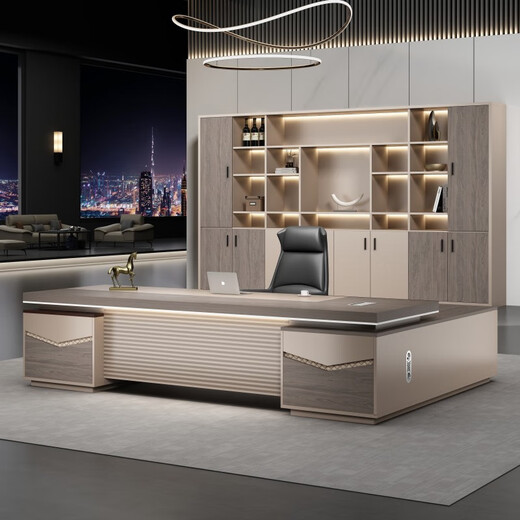 European wooden simple light luxury boss office desk and chair combination simple modern president desk supervisor desk leader office computer desk black walnut + iron gray 2.4 meters boss table + boss chair