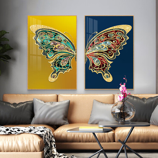YIJLJ北欧轻奢客厅装饰画现代简约餐厅背景墙两联蝴蝶壁画卧室床头挂画 比翼双飞11172-1/11172-2 50*70晶瓷铝合金框黑框