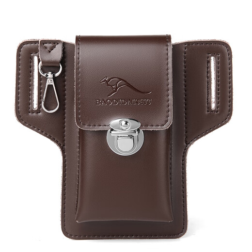 Kangaroo leather mobile phone bag for men, first-layer cowhide shoulder bag, multi-functional belt waist bag, construction site work bag, brown large size without strap, mobile phone with screen below 7 inches