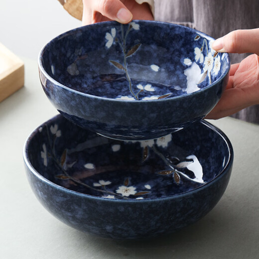LuckyLychee Japan imported Mino-yaki indigo-painted cherry blossom ceramic bowl dipping sauce plate fruit plate soup noodle bowl rice bowl Japanese tableware small bowl 12.5cm 1 head