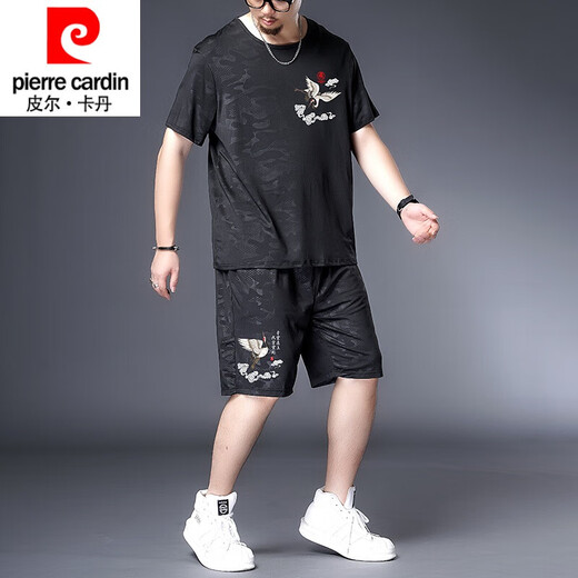 皮尔卡丹品牌高档男装220斤胖子套装肥佬冰丝速干T恤男胖子加肥加大码男装夏季休闲运动短袖短裤套装 黑色9922套装 收藏加购优先发货 5XL 200-225斤