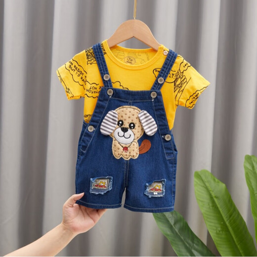 Xiaotanglang SUGAR BOY new children's overalls jeans for boys and girls summer cartoon infant shorts suit three-point pants suit light white face bear + white T number 90 recommended 9-14 months