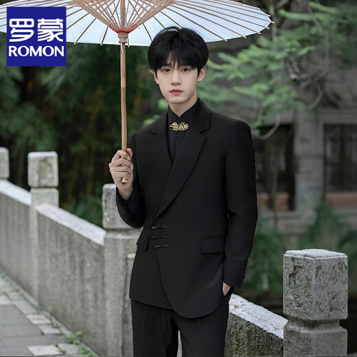 ROMON high-end new Chinese style stand collar Zhongshan blazer men's engagement groom wedding Chinese style suit dress Tang suit black jacket + pants + stand collar black shirt XS