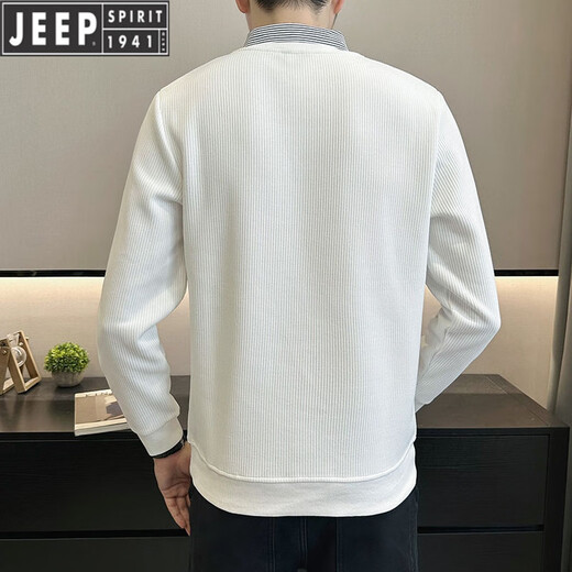 吉普（JEEP）衬衫领卫衣男2025新款秋季潮流修身假两件套头上衣打底针织T恤 友谊9893 白色 M 90到105斤