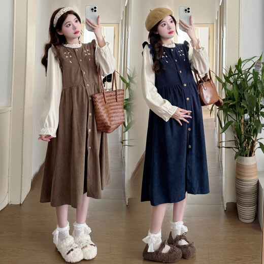 Mommy Ranqi Maternity Clothing Autumn Clothing 2025 New Dress Fashionable and Fashionable Belly Covering Maternity Autumn and Winter Skirt Two-piece Suit Khaki Suit L