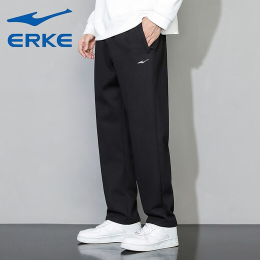 鸿星尔克（ERKE）直筒宽松休闲运动裤男裤红星针织弹力卫裤学生考试跑步训练裤子男 正黑(春秋针织款) XL(体重135-150斤)