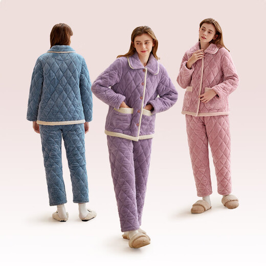 Fenton three-layer thickened quilted couple anti-static women's home wear flannel men's large size winter pajamas set J98350326 taro purple single women's model L recommendation: female 110-124 Jin Jin equals 0.5 kg, male 126-146 Jin Jin equals 0.5 kg