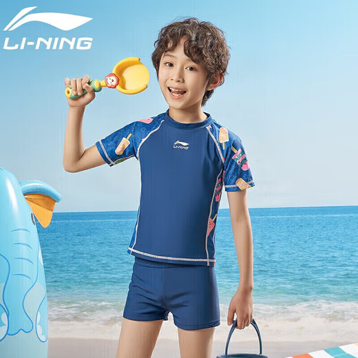 LI NING (li-ning) Swimsuits pour enfants, garçons et filles Split Sun Protection Surfing Cost, confortable et respirant Seasine Spring Hot Springs 671 Bleu foncé 140