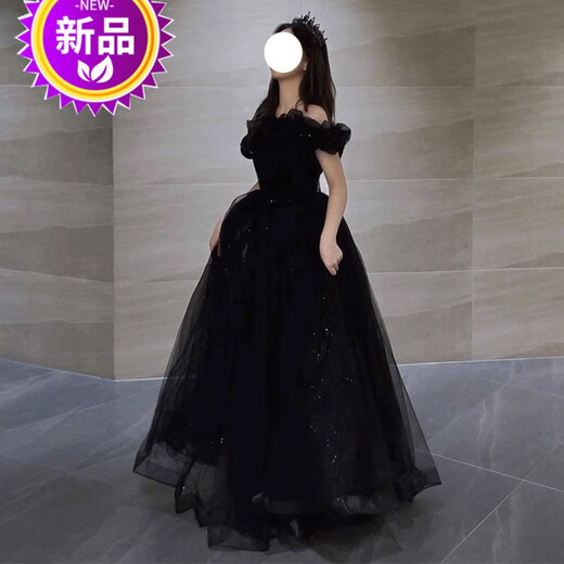 昂秉成人礼服女18嵗礼服高级感一字肩晚裙2023新款学生主持人赫本风长 黑色 背后绑带 2XL