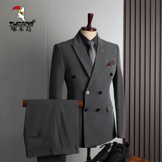 Woodpecker (TUCANO) double-row suit suit men's formal business casual fashion Korean version slim large size wedding small suit for men medium gray (suit + trousers) XL 52 (123-135Jin Jin equals 0.5 kg)