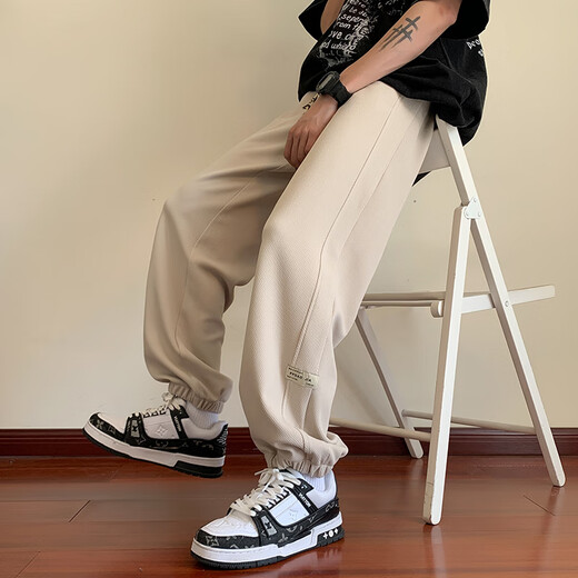 举风胖子大码九分裤男ins潮牌秋季薄款宽松束腿裤华夫格裤子休闲裤男 K1049黑色 M【90-110斤】