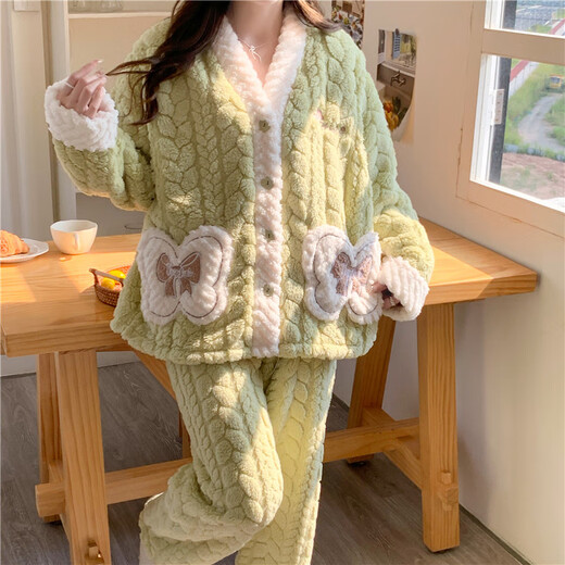 爱茵慕西月子服秋冬法兰绒孕妇睡衣加绒加厚产妇产后12月份哺乳睡衣套装 AMY9923#绿色 L码 (推荐体重 90-120斤左右)