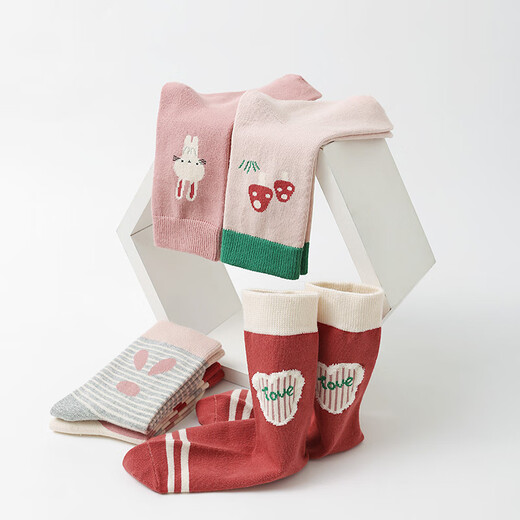 Six-fingered mouse spring and autumn children's socks for girls, students, thick cotton, baby girls, red, small, medium and big children, medium tube, autumn and winter, thickened long tube, 880X Love Princess, extended tube, 5 pairs, one size fits all, recommended shoe size 33-36, socks label 10-15 years old