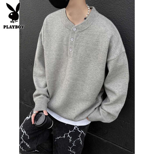 Playboy (PLAYBOY) Gray American Henley Collar Sweater Men's Early Autumn Feeling Lazy Style Bottoming Sweater Cleanfit Inside Light Gray Upgraded Model M (95-115Jin Jin is equal to 0.5kg)