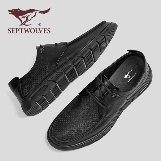Shoes de cuero casual de siete lobo zapatos para hombres Summer NUEVO estilo Avalte Bollow Bollow Sode Mesh Mesh Caza sin deslizamiento Ligeros Ligeros zapatos casuales Men's Black [Tamaño de zapato de cuero estándar] 41