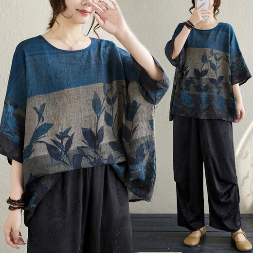 JIANDANG (JIANDANG) large-size women's summer new niche retro printed T-shirt for women, slim and fashionable loose tops, trendy 9275 blue-9275 large-size average size [180Jin [Jin equals 0.5 kg] below]