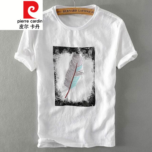 Pierre Cardin 2022 new summer style men's linen short-sleeved T-shirt men's embroidery pattern personalized Chinese style thin cotton and linen t-knitted Y6218 white S