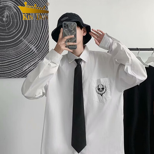 KIN DON长袖衬衫男dk制服感衬衫男学院风白衬衣宽松高中生领带班服上衣 白色 L