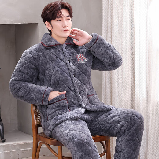 Xuanduoqi Pajamas Трехслойная утолщенная коралловая бархатная хлопчатобумажная фланельная фланель теплой домашней одежды осень и зимний стиль C9921# черные серого цвета [плуг] XL (125-145Jin [Jin равняется 0,5 кг]).