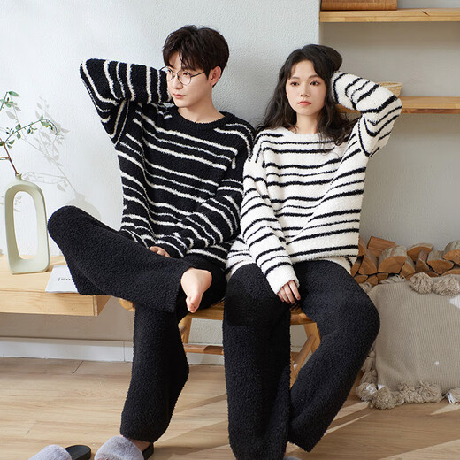 Shaqian couples pajamas winter half velvet plus velvet thickened coral velvet men and women autumn and winter striped warm home clothes