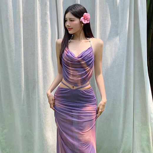 Ershanji Bikini Swimsuit Women's One-piece Snorkeling Suit for Hot Spring Beach Playing in the Water Sexy Internet Celebrity New Outerwear Purple Long Skirt Bikini 80-120Jin Jin equals 0.5 kg