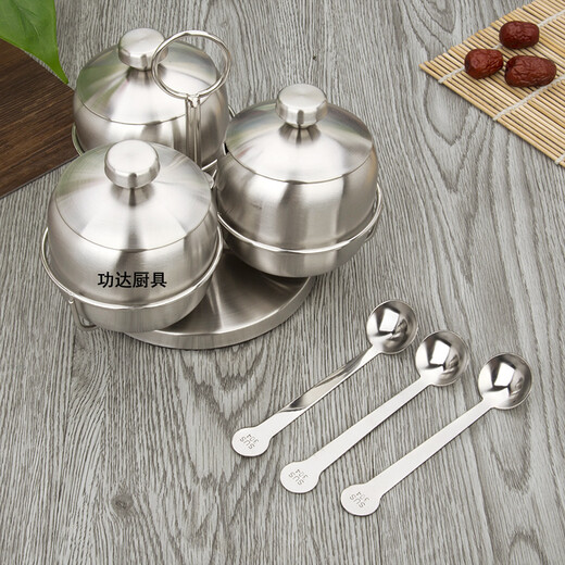 Gongda 304 stainless steel seasoning jar, household seasoning bottle, seasoning jar, salt jar, seasoning box, seasoning salt jar, three-flavor set, three pieces (seasoning jar + lid + spoon) + 304 base